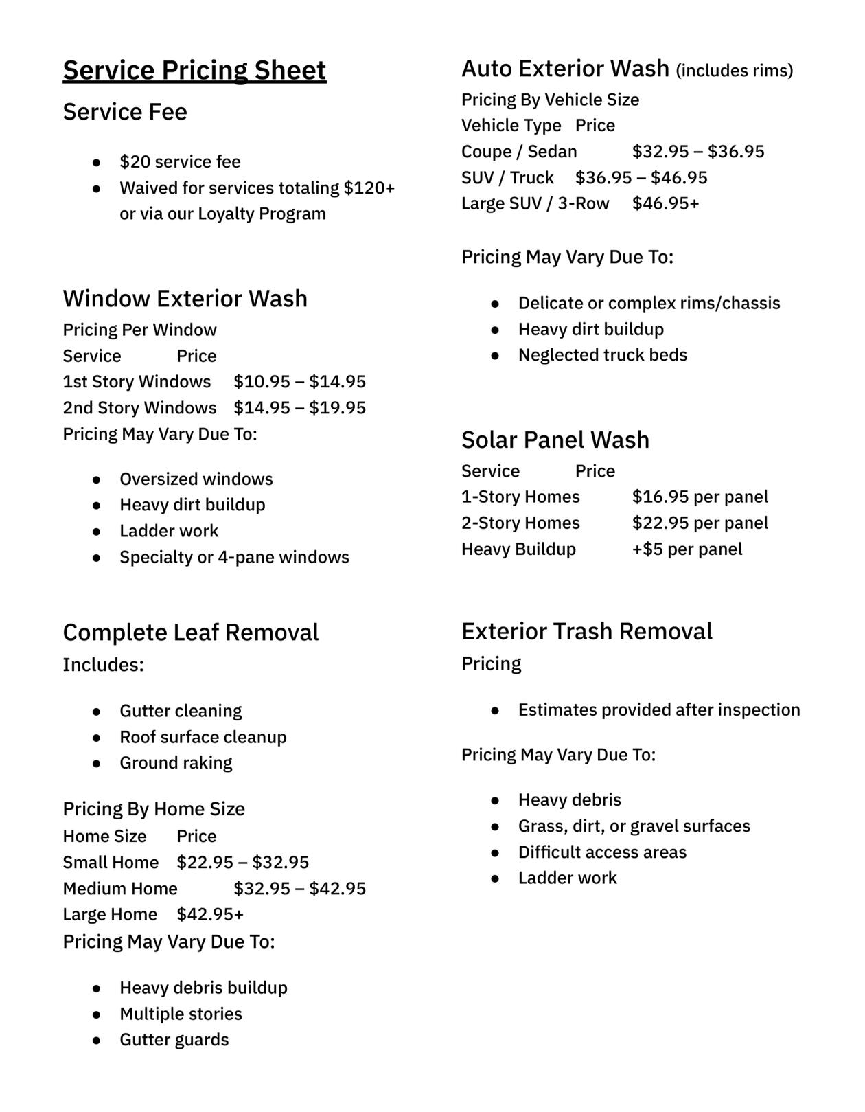 Service Pricing Sheet Service Pricing Sheet